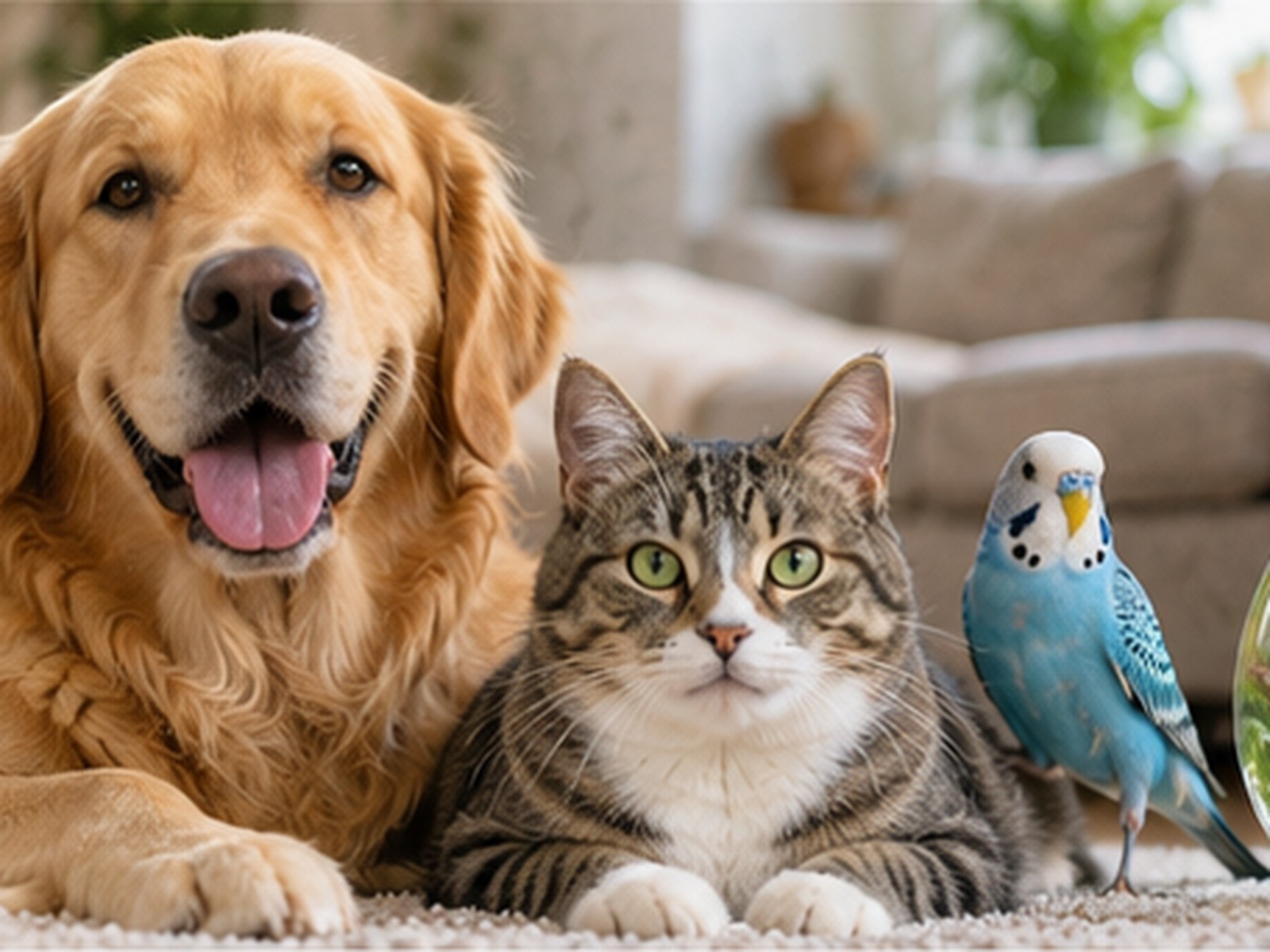 Cão dourado de pelo longo deitado no tapete da sala, ao lado de um gato rajado e de um periquito azul